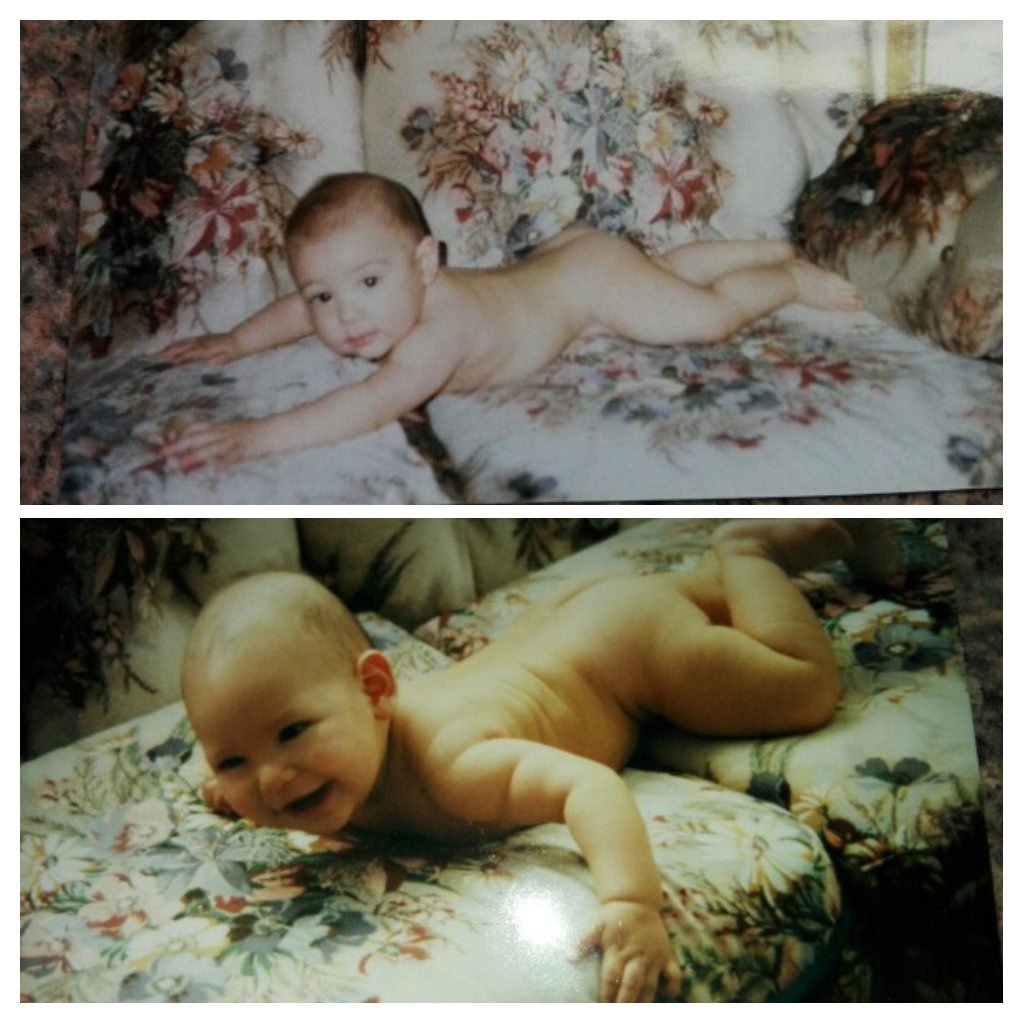 Two photos of a baby lying on a floral couch. In the first, the baby is on its stomach, looking to the side. In the second, the baby is crawling and smiling.