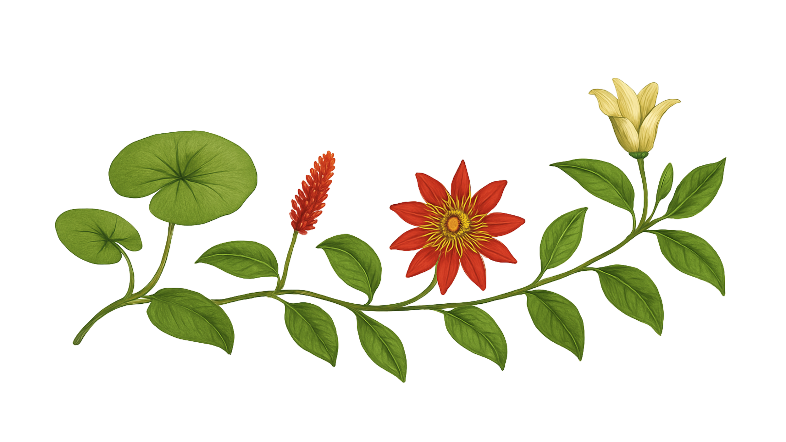 A botanical illustration of green lily pads, red and yellow flowers, and green leaves.