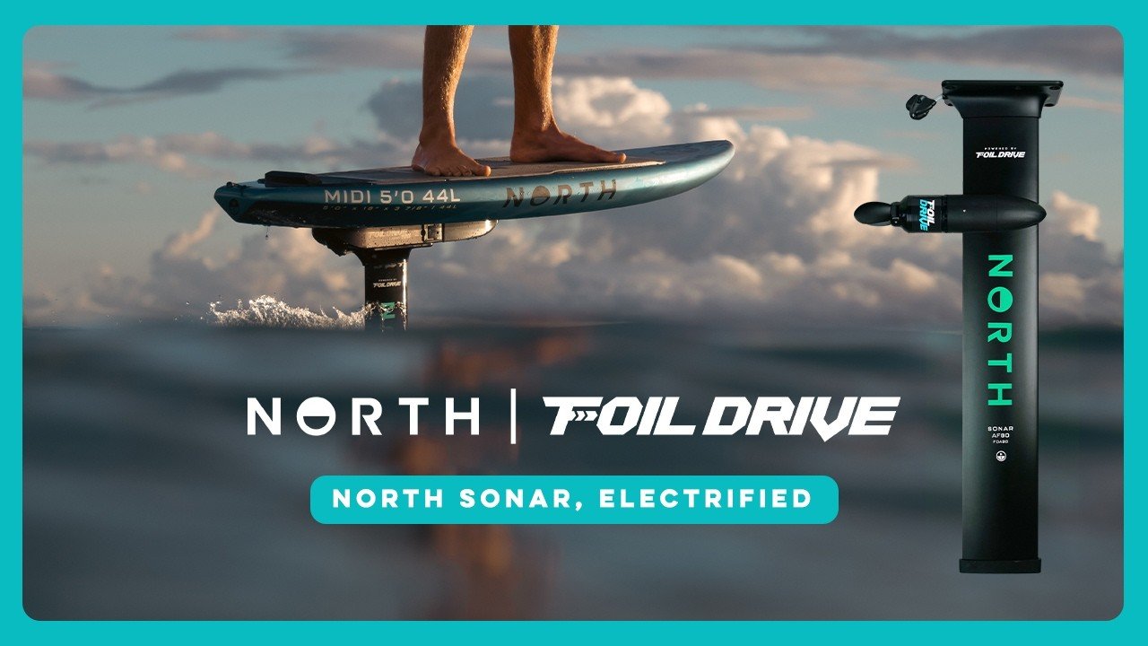 A person stands on an electric hydrofoil surfing on water with a cloudy sky in the background, accompanied by a close-up of the hydrofoil's electric motor and branding.