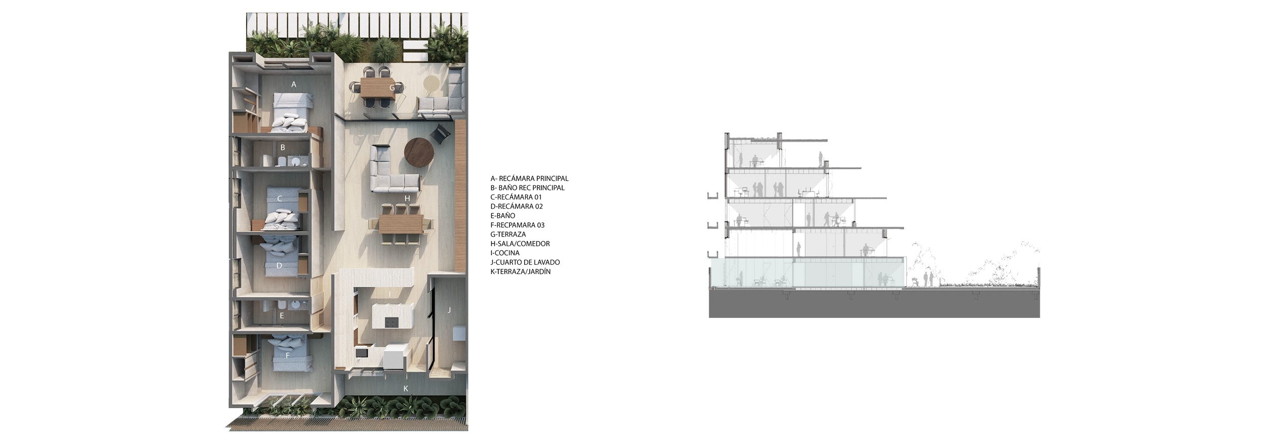  DEPARTAMENTO TIPO 1 
 Planta baja  |  Interiores | 130 m2  |  Terrazas | 58 m2  |  3 recámaras  |  3 Baños completos  Cocina integral  |  Área de lavado  |  Aire acondicionado
  2 Disponibles 