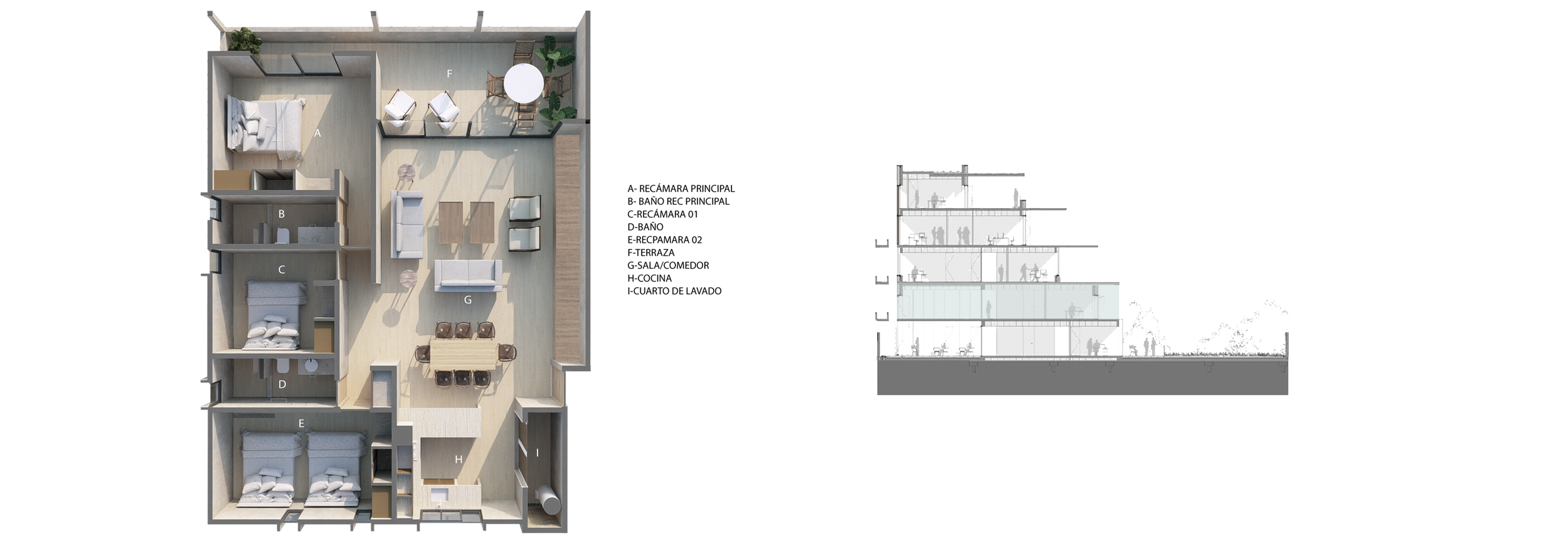  DEPARTAMENTO TIPO 3 
 Nivel 1  |  Interiores | 130 m2  |  Terrazas | 23 m2  |  3 recámaras  |  2 Baños completos  Cocina integral  |  Área de lavado  |  Aire acondicionado
  8 Disponibles 