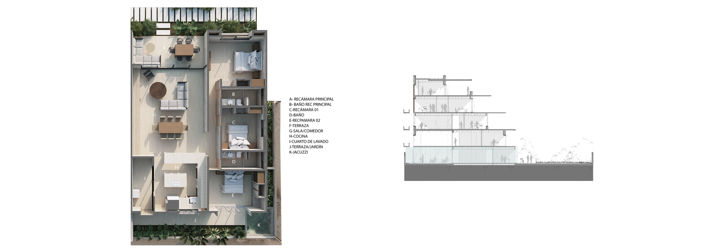  DEPARTAMENTO TIPO 2 
 Planta baja  |  Interiores | 143 m2  |  Terrazas | 58 m2  |  4 recámaras  |  3 Baños completos  Cocina integral  |  Área de lavado  |  Aire acondicionado
  2 Disponibles 