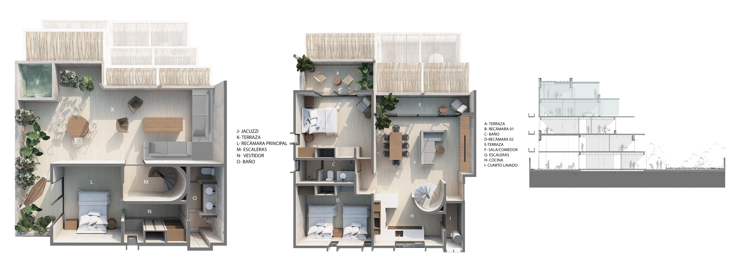  DEPARTAMENTO TIPO 5 
 Nivel 3 y 4  |  Interiores | 130.6 m2  |  Terrazas | 68.2 m2  |  3 recámaras  |  3 Baños completos  Cocina integral  |  Área de lavado  |  Aire acondicionado
  8 Disponibles 
