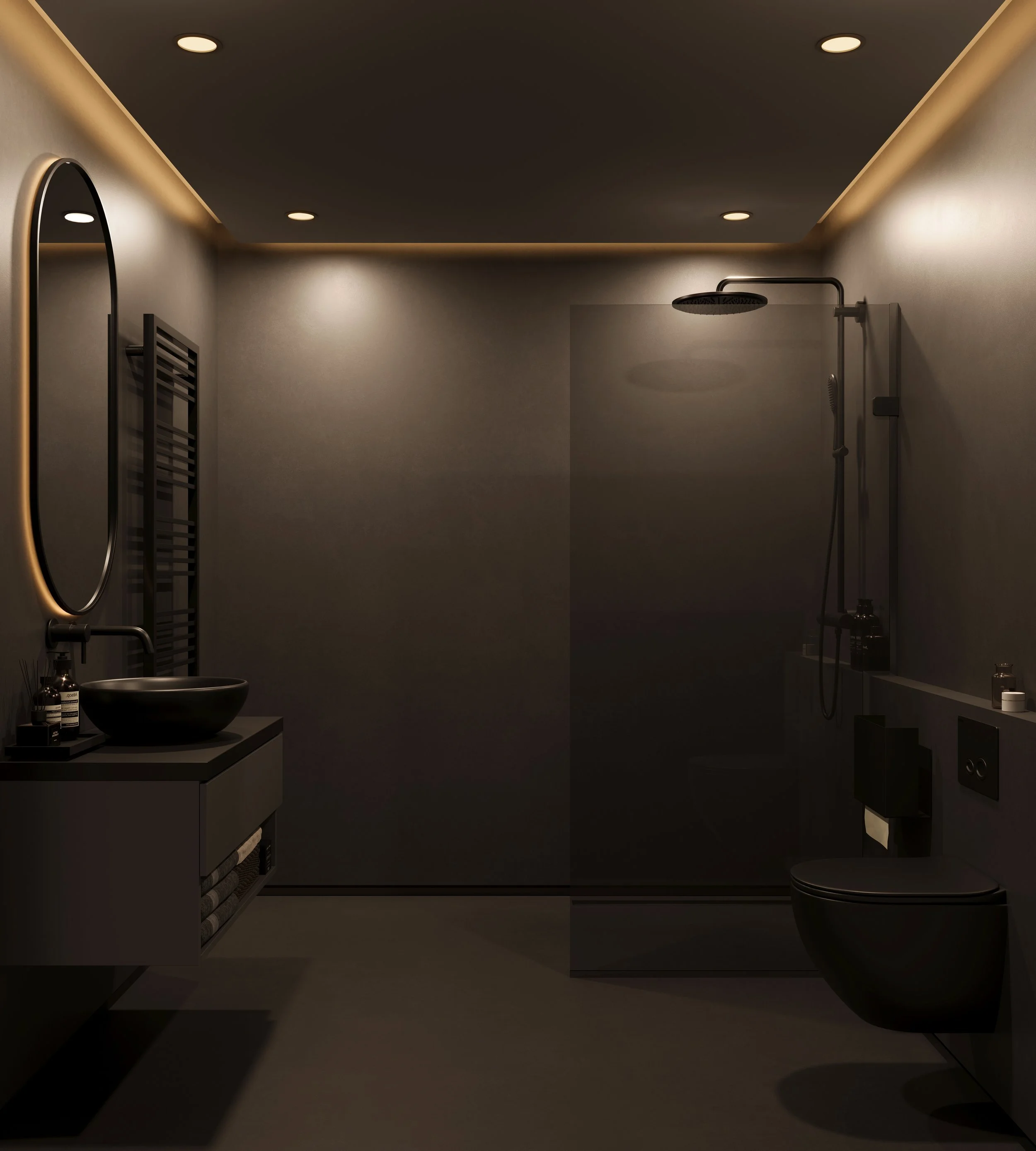 Modern bathroom with dim lighting, a black vanity with a vessel sink, an illuminated mirror, a heated towel rack, a glass shower with a rainfall showerhead, and a wall-mounted toilet.
