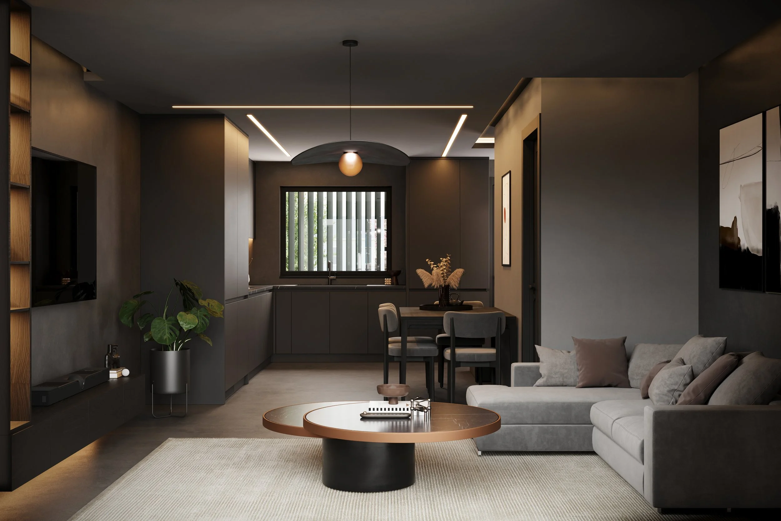 Modern living room and kitchen with dark walls and furniture, gray sofa, abstract art, coffee table, dining table, and window with vertical blinds.