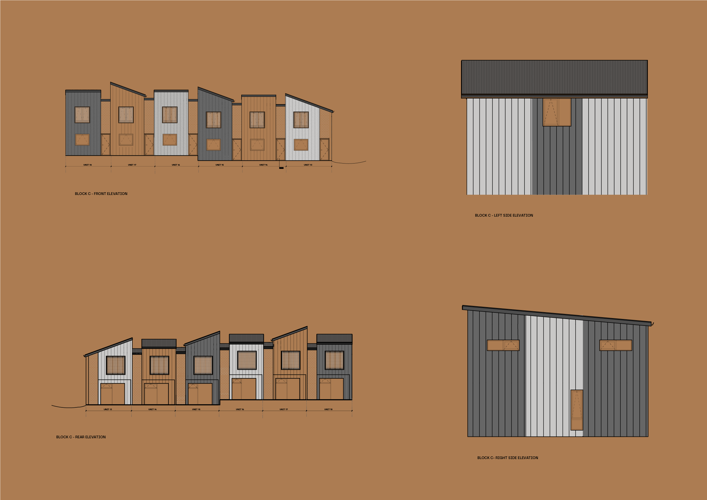 Architectural drawings of a modern residential building showing front, left side, rear, and right side elevations with color variations in gray, white, and brown.