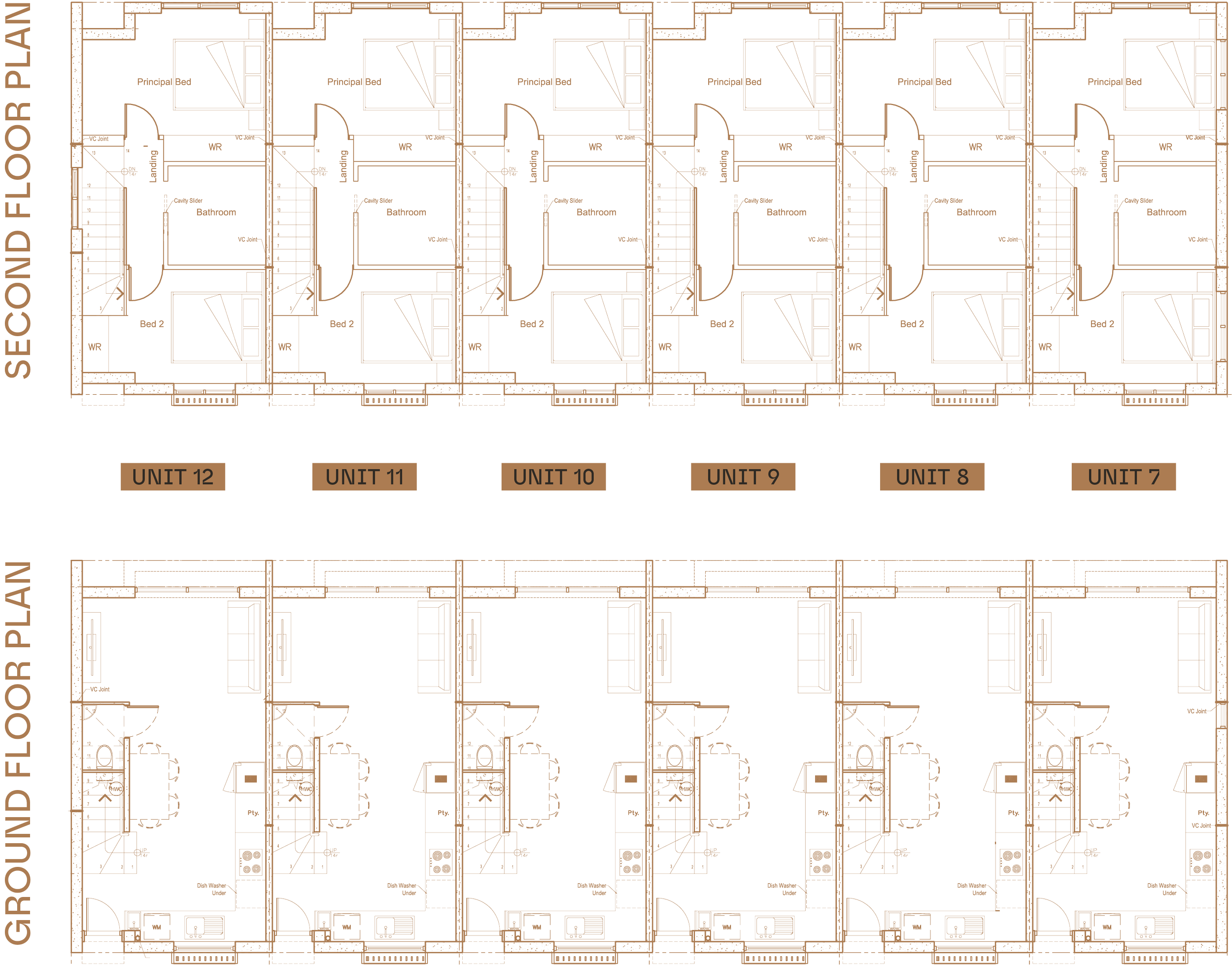 Architectural floor plans of a multi-unit residential building, showing second-floor and ground-floor layouts with labeled rooms, stairs, and units numbered from 7 to 12.