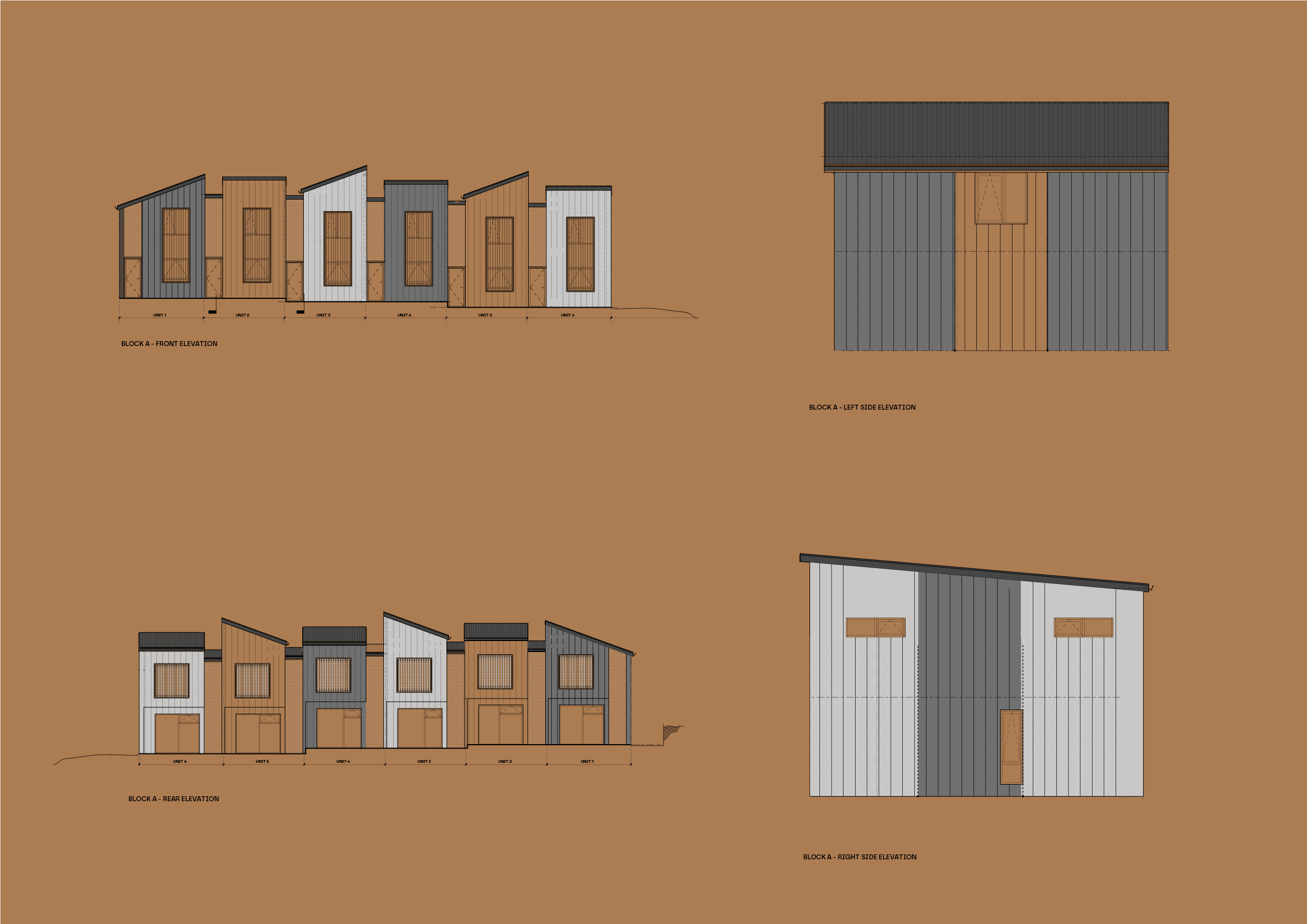 Architectural drawings of a modern multi-unit housing block, showing front, rear, left and right side elevations with color and materials.