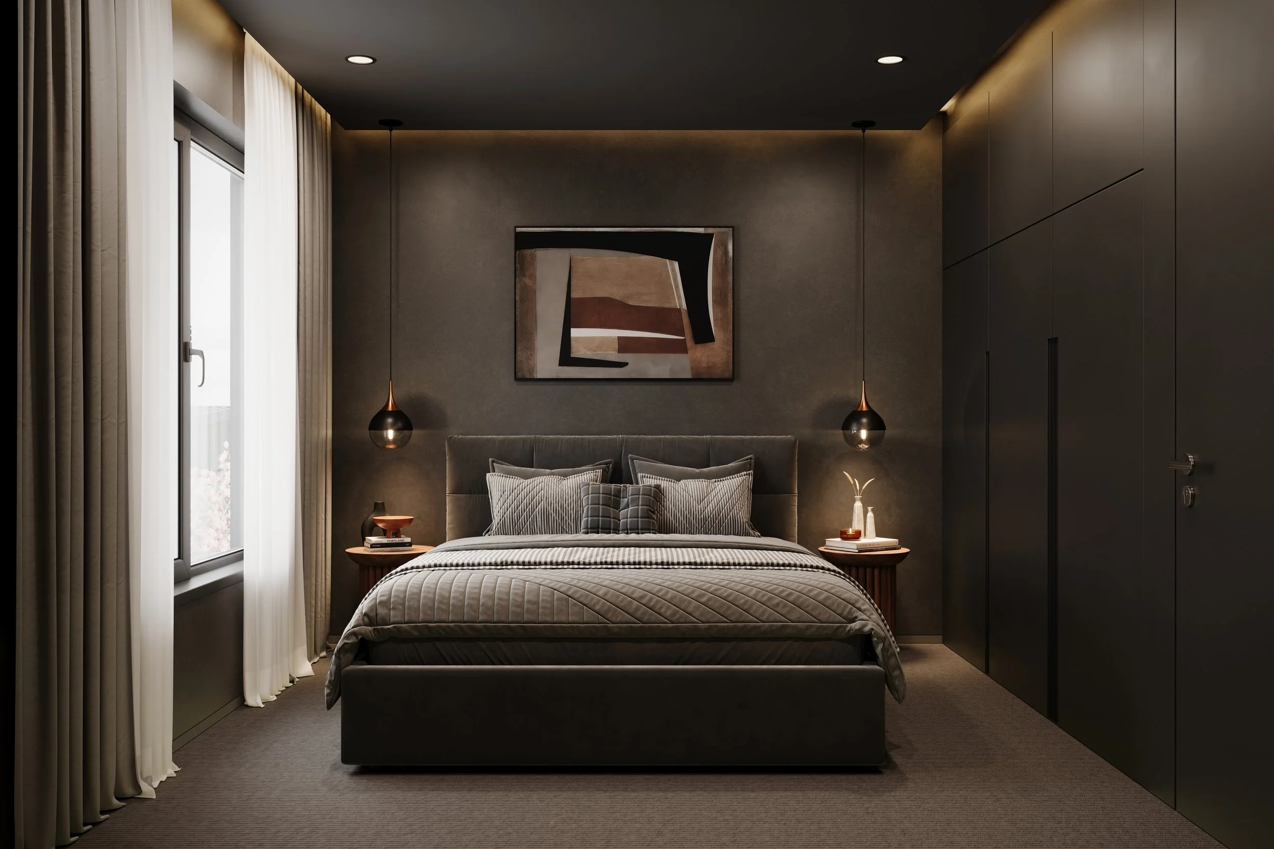 Modern bedroom with dark walls and ceiling, featuring a bed with striped bedding and pillows, two wooden nightstands with decorative items, pendant lights hanging on each side, a large window with curtains, a framed abstract art piece above the bed, and built-in storage on the right.