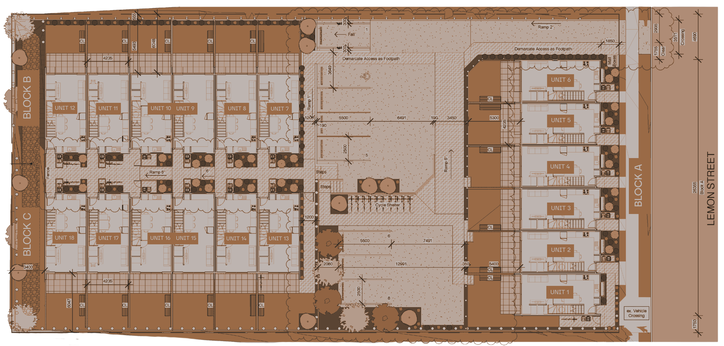Site plan of an apartment complex with labeled units from 1 to 18, divided into three blocks: Block A along Lemon Street, Block B in the center, and Block C on the left. The plan includes pathways, parking areas, trees, a cycle shelter, ramps, stairs, and landscaping features.