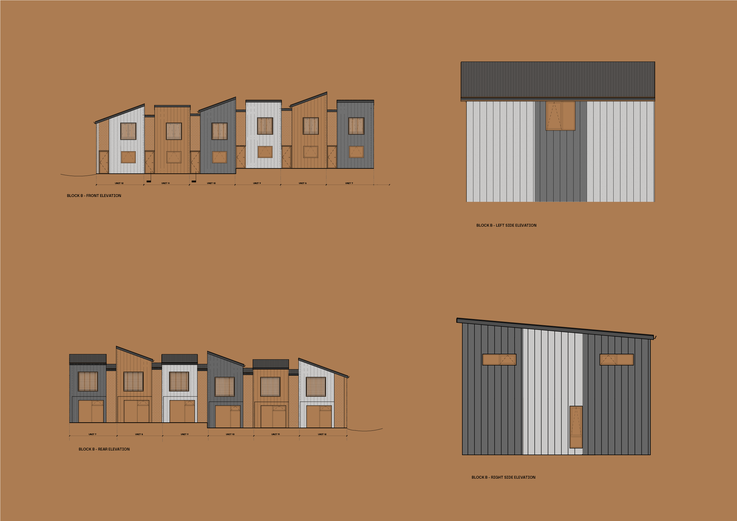 Architectural drawings of a modern residential building, showing front, rear, left, and right side elevations with a mix of vertical siding and different roof angles in various shades of gray, white, and wood tones.