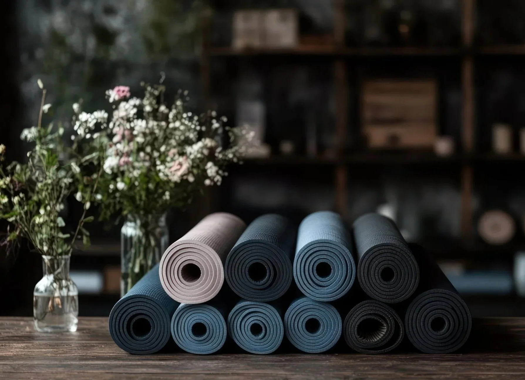A stack of rolled up pilates mats in various shades of blue and grey, with a vase of flowers to the left, on a wooden table. 