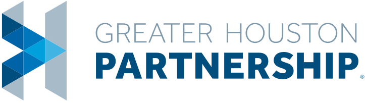 Logo for Greater Houston Partnership with stylized blue geometric shapes and text