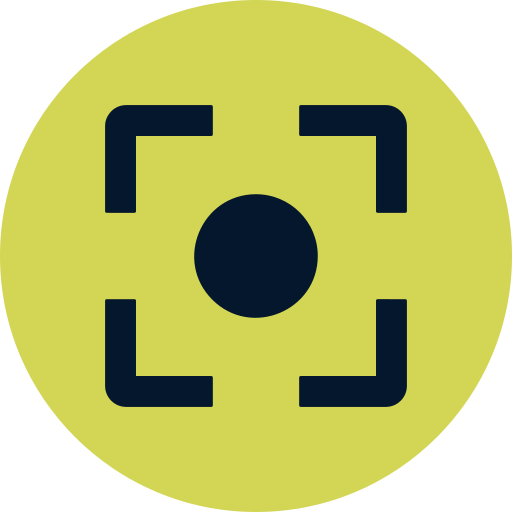 A yellow circular icon with a black square outline and a black dot in the center, representing a camera or scanning feature.