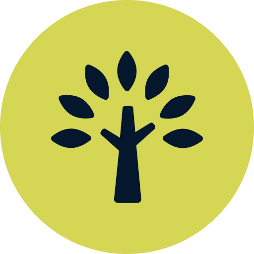 A stylized tree with a dark trunk and branches, surrounded by a light green circular background.