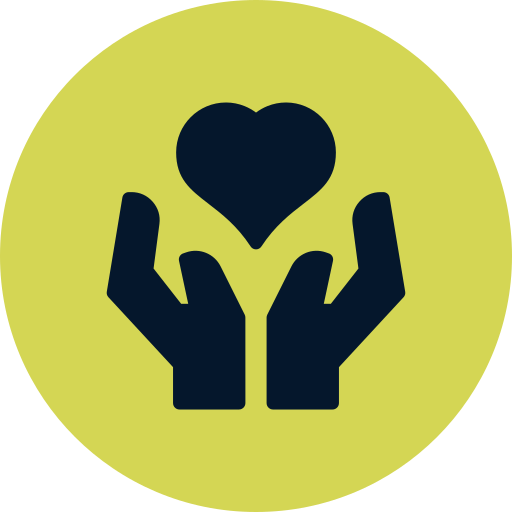 Two hands holding a heart symbol surrounded by a light green background.