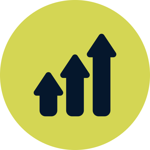 Icon with three upward arrows of increasing size on a yellow circular background.