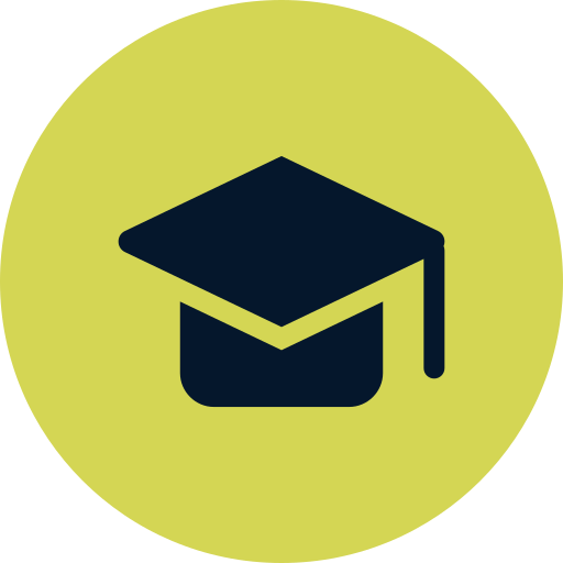Icon of a graduation cap inside a yellow-green circle.
