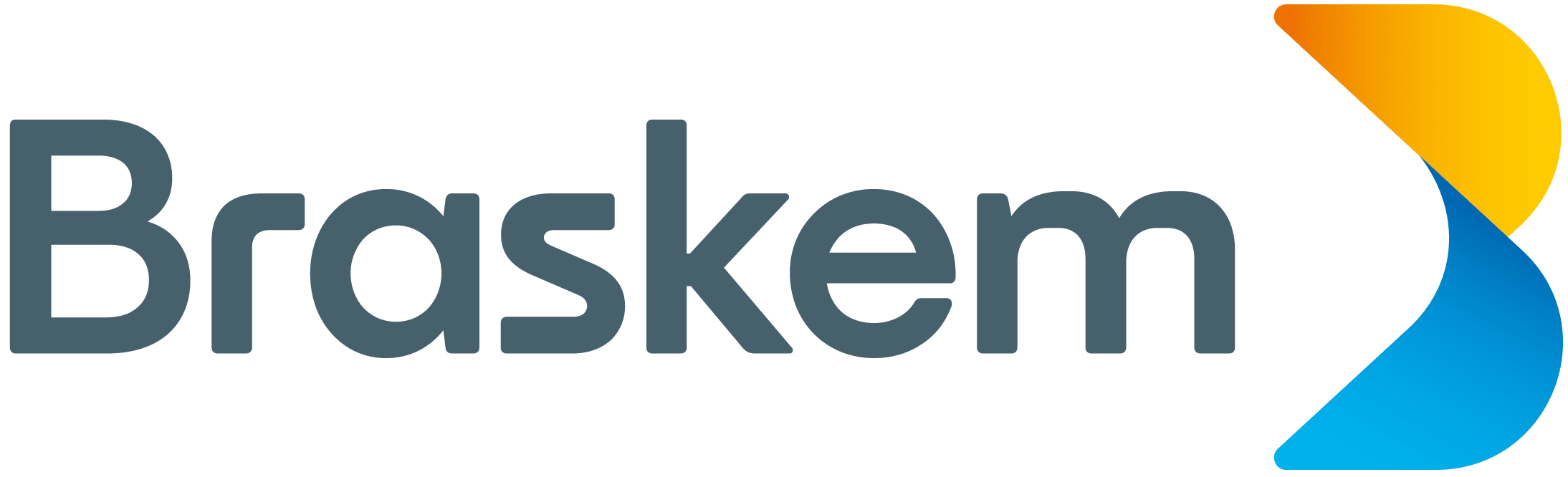 Logo of Blaskem with the company name in bold dark gray letters and a colorful arrow design in yellow, blue, and dark blue.