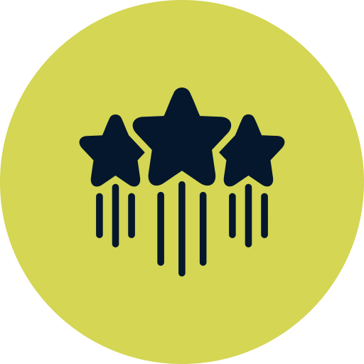 Icon of three shooting stars with trailing lines on a yellow background.