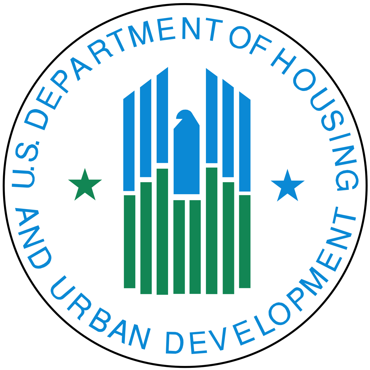 U.S. Department of Housing and Urban Development emblem with a stylized city skyline and a star on each side.