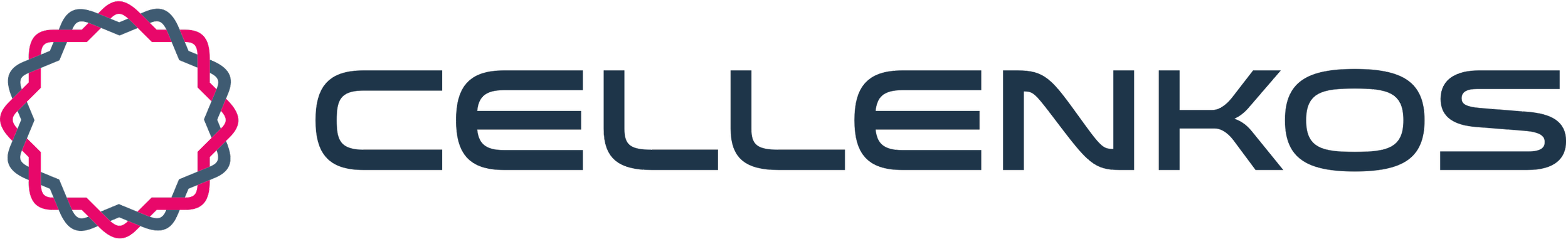 Logo with the word 'CELLENKOS' in modern font and a circular design made of interwoven pink, red, and grey lines to the left of the text.