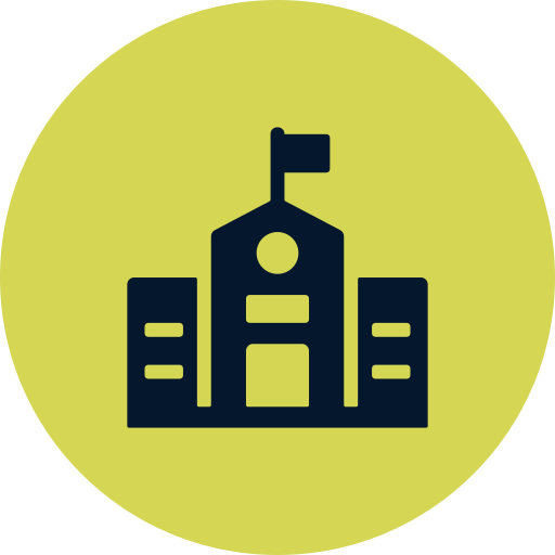 Icon of a school building with a flag on top, inside a yellow circle.