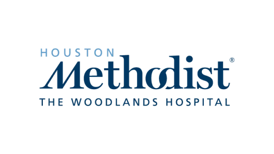 Houston Methodist The Woodlands Hospital logo in blue text on a black background