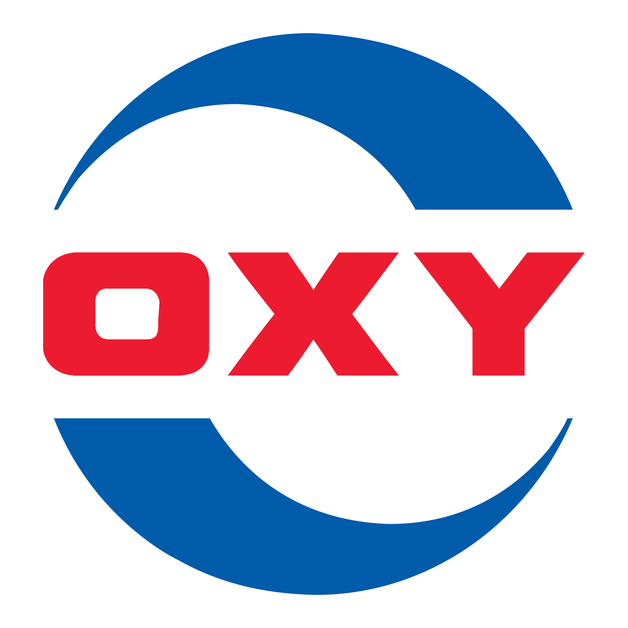 OXY logo with red letters and blue semi-circular design elements.