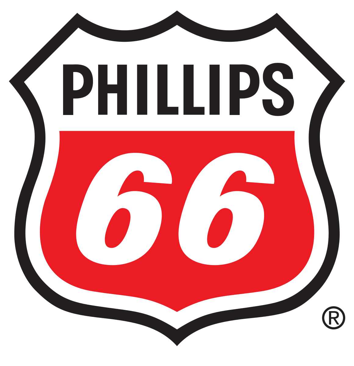 A black and white shield-shaped sign with the word 'PHILLIPS' at the top, a red background with the number '66' in white in the center, representing the historic U.S. Route 66.
