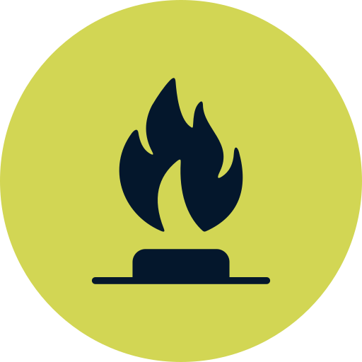Icon of a natural gas with flames on a yellow-green background.