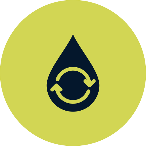 A circular logo with a green background featuring a black water droplet with circular arrows inside, indicating recycling or circulation.