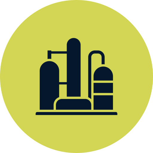 Stylized icon of a water treatment or chemical processing plant with tanks and pipes.