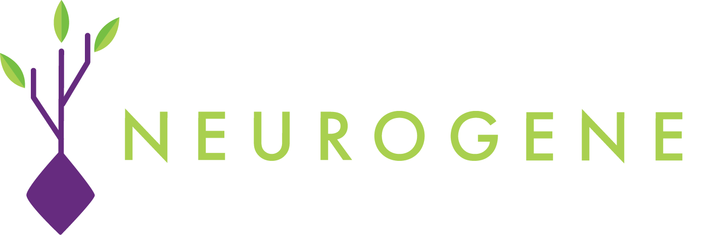 Logo for Neurogene featuring a stylized tree with purple roots and green leaves, and the company name in green letters.