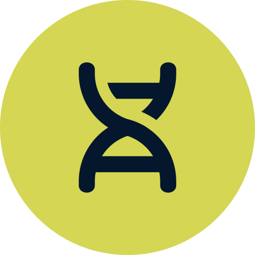 A stylized DNA double helix icon in dark blue on a yellow-green circular background.