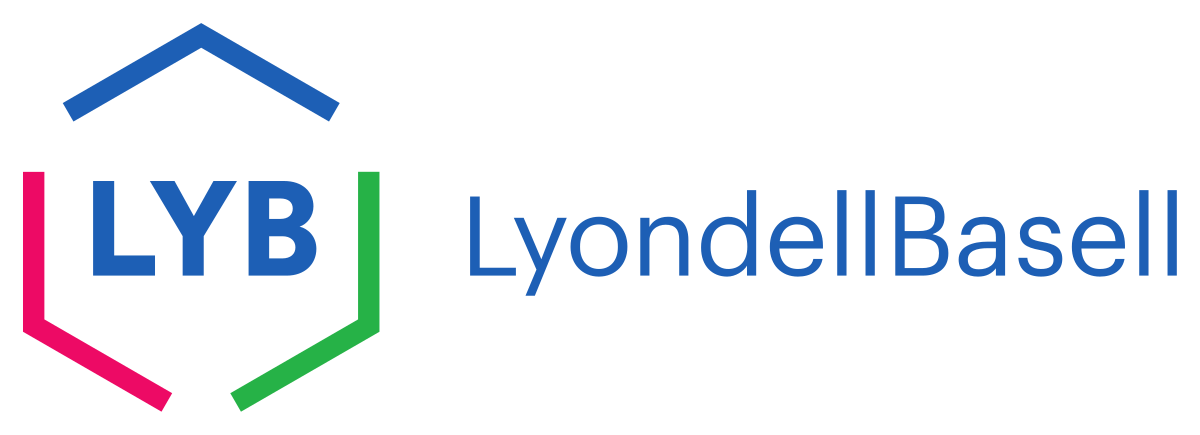 Logo of LyondellBasell with stylized hexagon and the initials 'LYB' inside, and the full company name to the right.