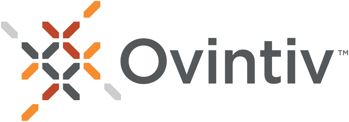Ovitv logo with connected geometric shapes in shades of gray, red, orange, and white.