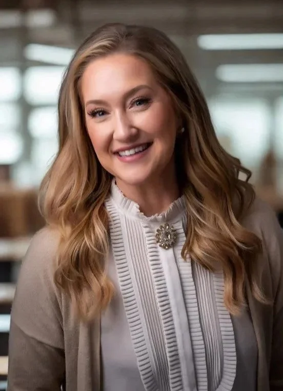 A young woman with long, wavy blonde hair, smiling and looking at the camera, in an indoor setting with bright, blurred background.