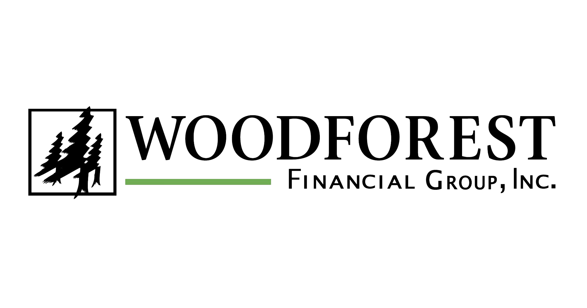 Logo for Woodforest Financial Group, Inc. featuring stylized trees inside a square and the company name in black text with a green underline.