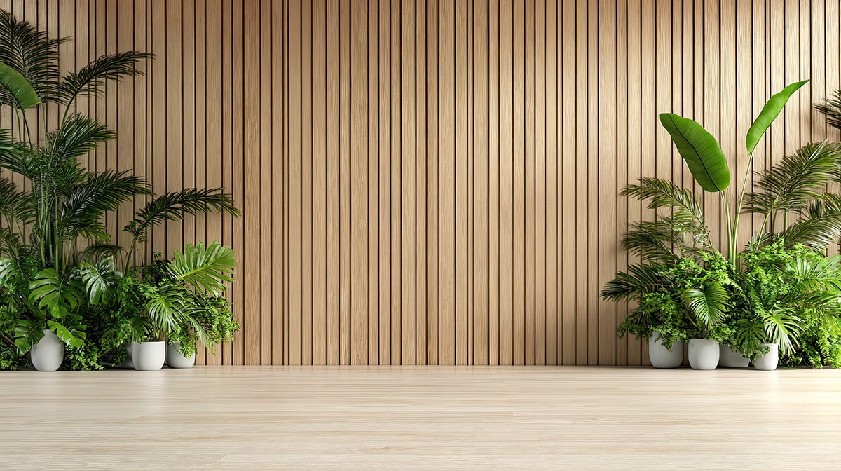 Minimalist room with vertical wooden wall panels and green potted plants on the floor.