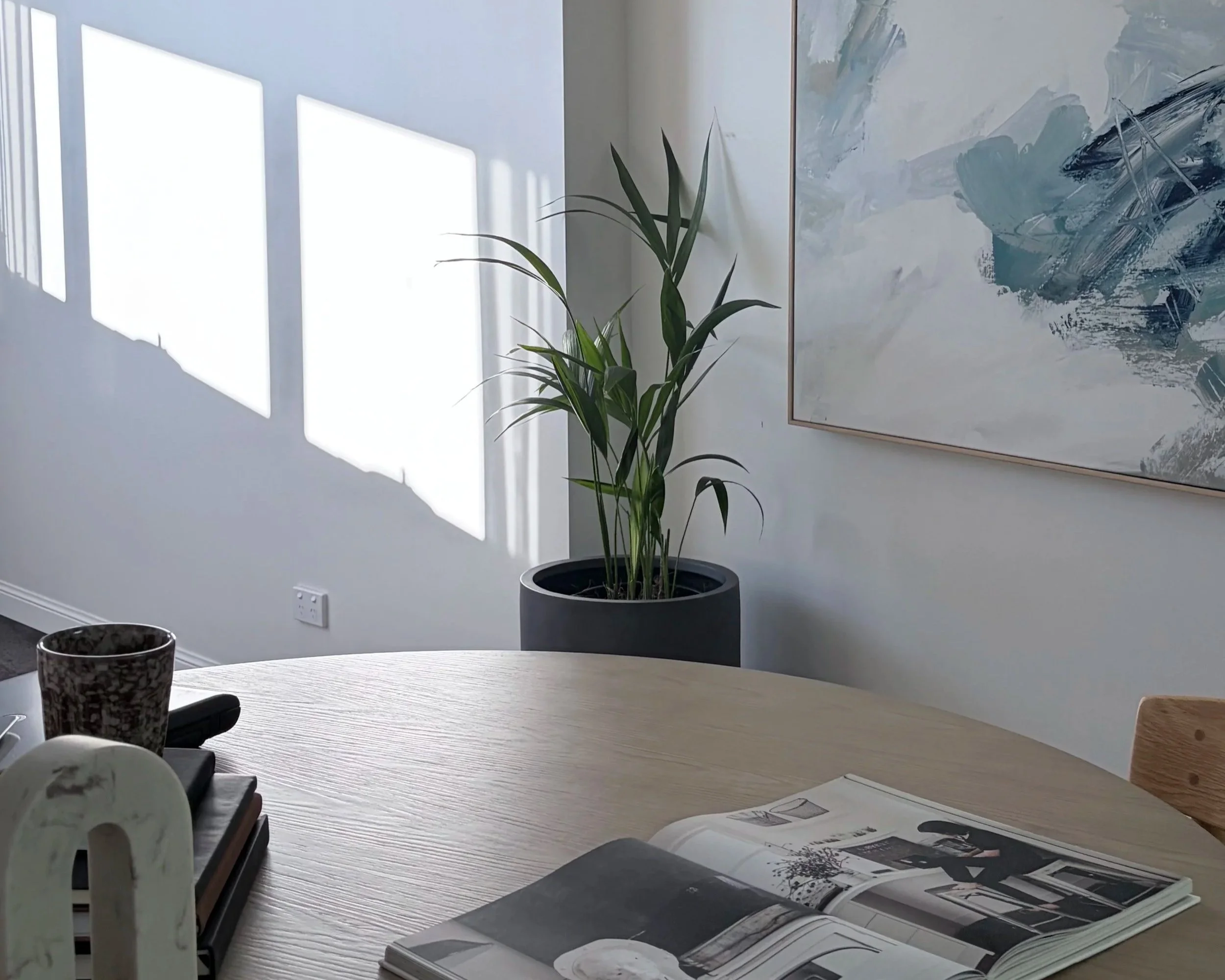 A kitchen or dining room with sunlight casting rectangular shadows on a plain wall, a large potted plant, a wooden table with magazines, and various decorative objects.