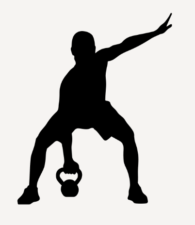 Silhouette of a person performing a kettlebell exercise, with one arm extended in the air.