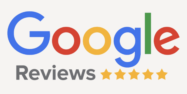 Google logo with the word 'Reviews' below and five yellow stars indicating a five-star rating.