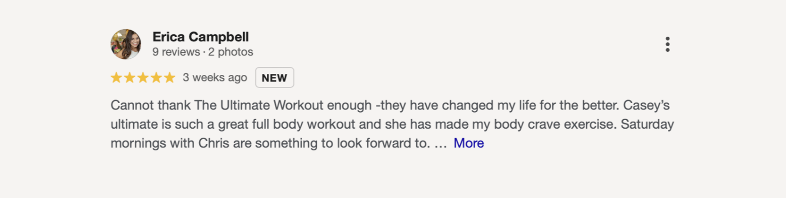 Customer review by Erica Campbell with a five-star rating, praising The Ultimate Workout and mentioning Saturday mornings with Chris.