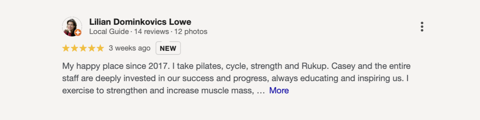Review summary for Lilian Dominkovic Lowe, a local guide with 14 reviews and 12 photos, showing a 5-star rating posted 3 weeks ago, and a description of her experience with Pilates, cycling, strength training, and Rukup at her favorite place since 20