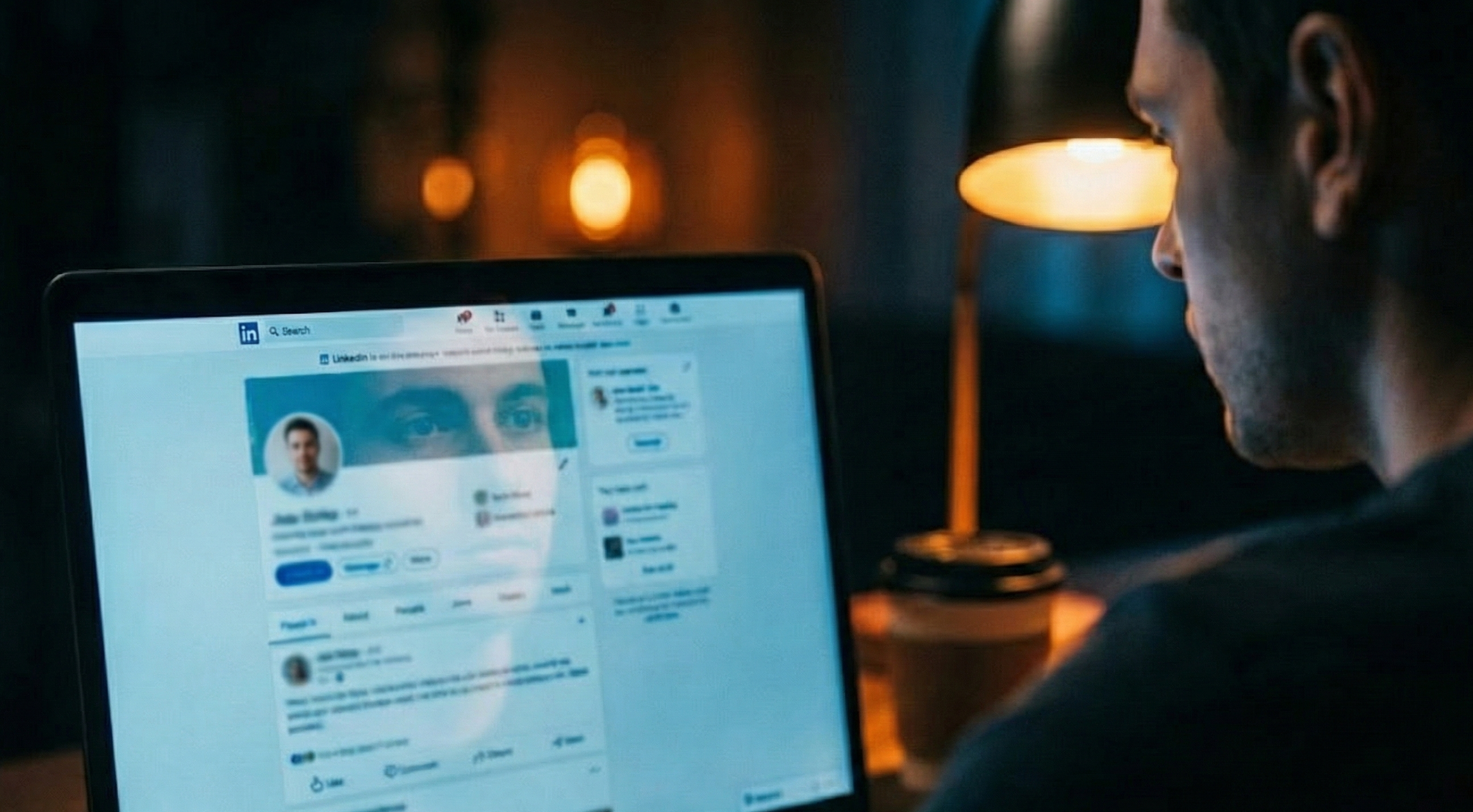 Persona mirando un post antiguo de LinkedIn en su laptop, reflexionando sobre su evolución profesional.