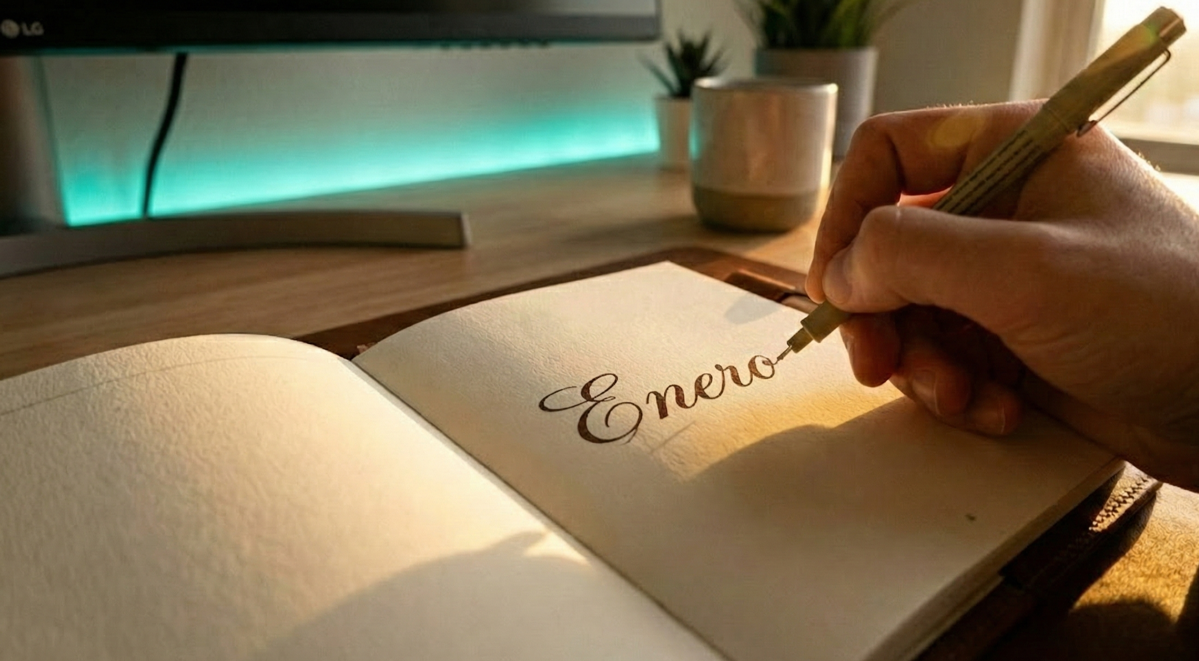 Agenda abierta en el mes de enero iluminada por la luz del amanecer, estableciendo objetivos trimestrales claros.