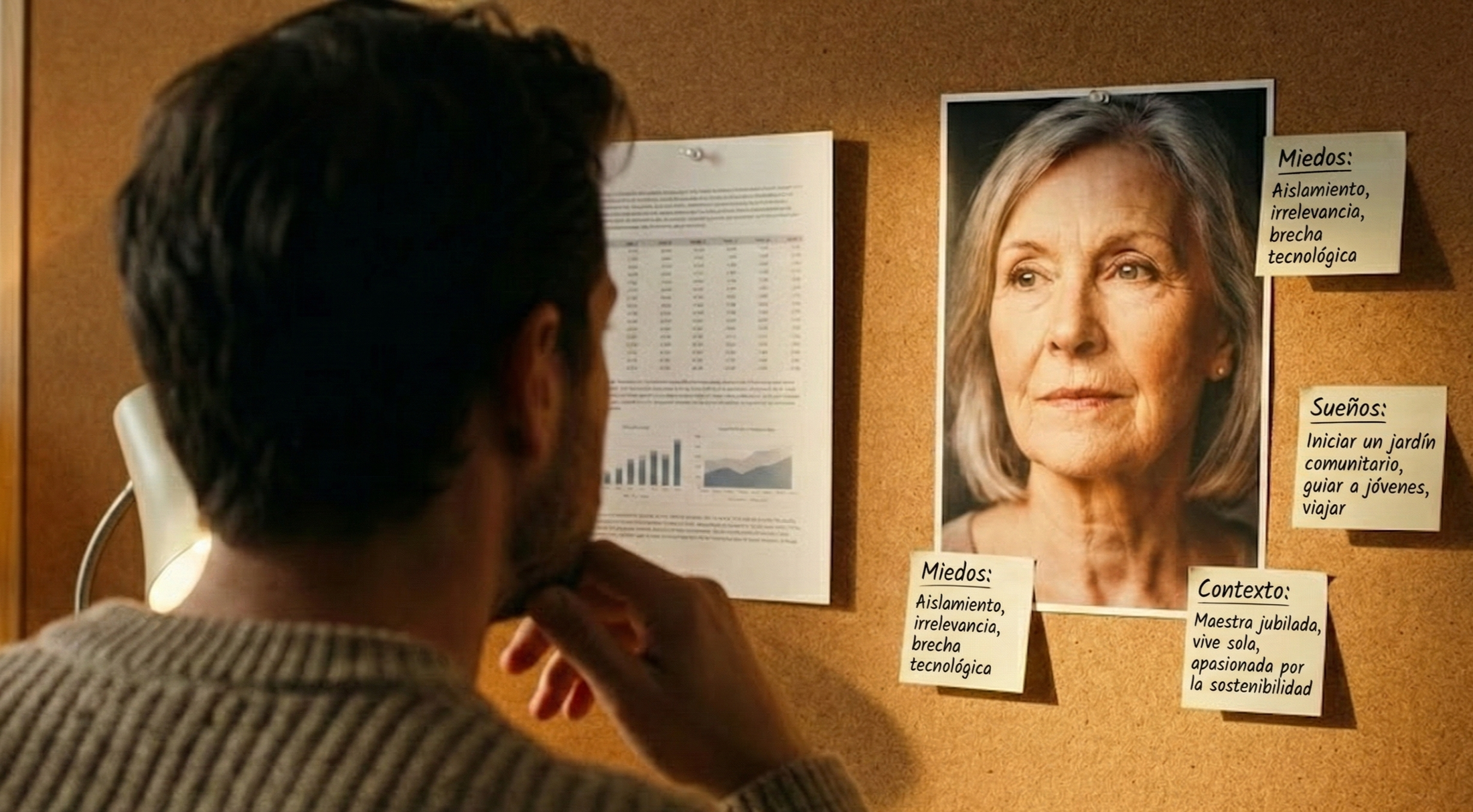 Contraste entre una ficha técnica borrosa y una foto nítida de una persona real, definiendo al cliente ideal inmobiliario.