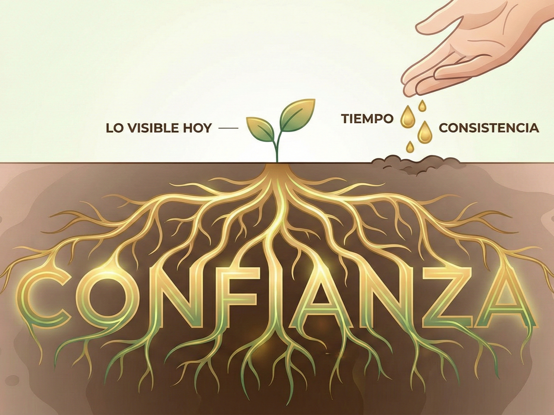 Planta pequeña en la superficie de la tierra, pero con un sistema de raíces masivo y profundo debajo que forma la palabra "confianza". Una mano riega la tierra con gotas etiquetadas como "tiempo" y "consistencia"