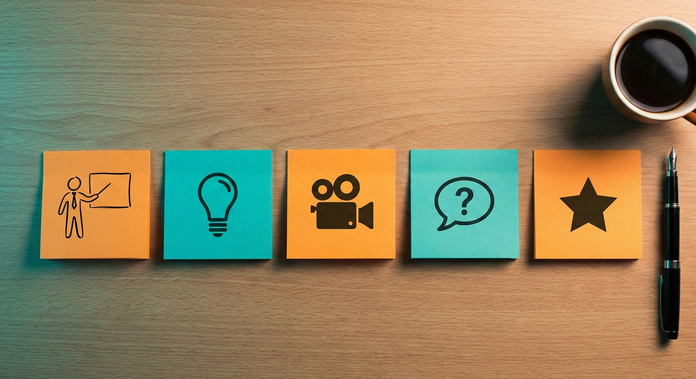 Plan visual de contenido semanal para redes sociales inmobiliarias representado con notas adhesivas e iconos en un escritorio.